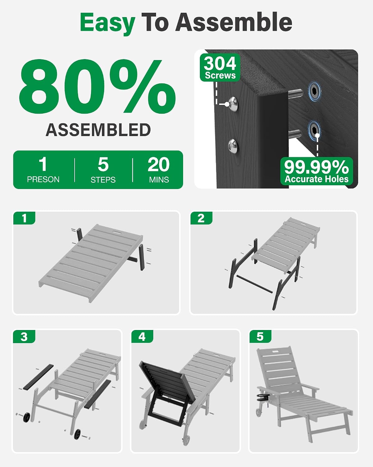 YEFU Lounge Chair Outdoor Set of 2: Outdoor Chaise Lounge with 5-Level Adjustable Backrest, Cup Holders & Wheels, All-Weather Resistance Chaise Lounge for Outside/Patio/Beach/Deck, Black