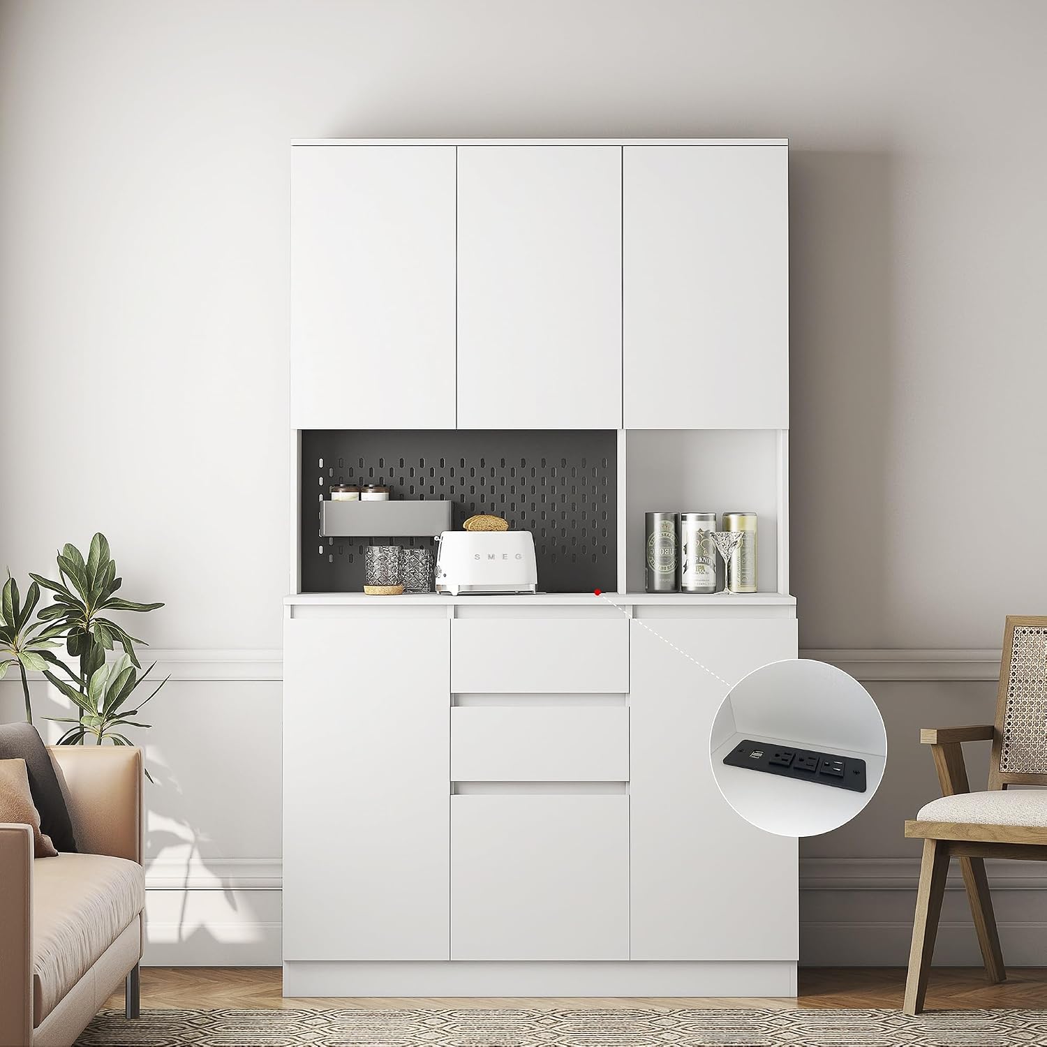 74" Pantry Cabinet,Microwave Cabinet with Storage,Freestanding Buffet Cupboards Sideboard with Drawer for Dining Room, Living Room(White)