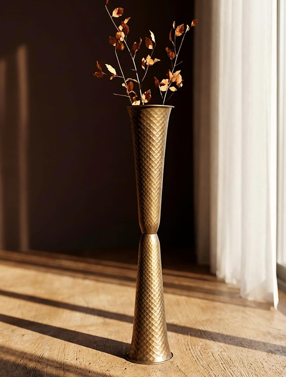 Sziqiqi Gold Tall Floor Vase: 29.5in Bronze Metal Large Vase with Grid Texture - Decorative Floor Vases for Fireplace Living Room Modern Big Standing Holder for Dining Bedroom Home Decor Corner