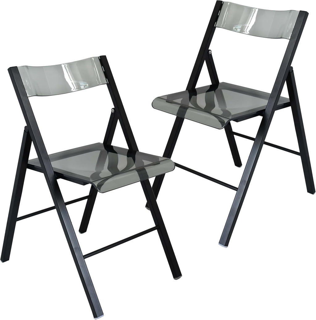 LeisureMod Transparent Acrylic Folding Chair Black Frame, Lightweight Iron Chrome Base, Comfortable Clear Desk Chair, No Assembly Needed (Set of 2) in Solid Black