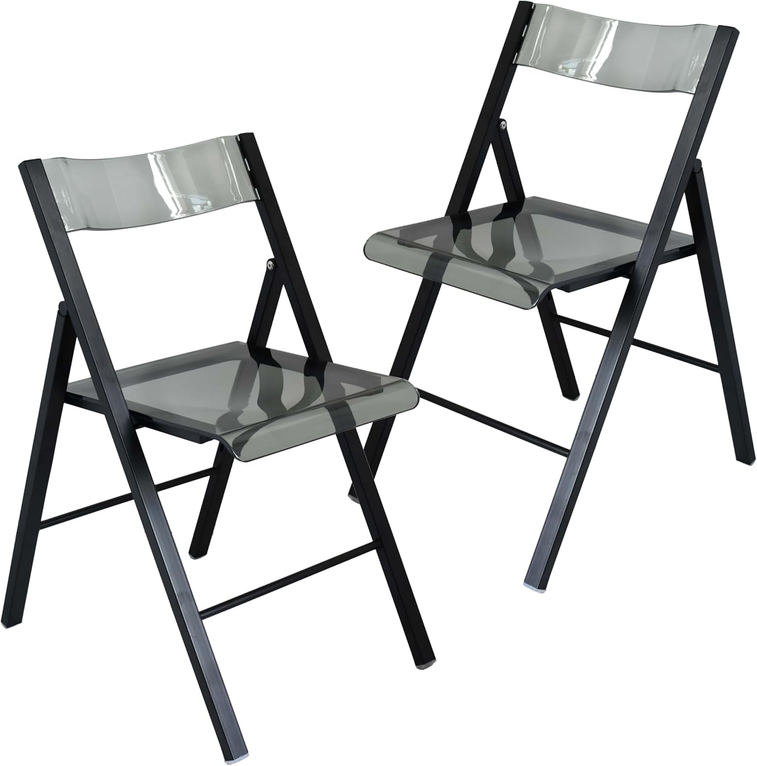 LeisureMod Transparent Acrylic Folding Chair Black Frame, Lightweight Iron Chrome Base, Comfortable Clear Desk Chair, No Assembly Needed (Set of 2) in Solid Black