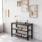 3-Tier Shoe Rack Bench, Industrial Shoe Organizer with Metal Mesh Shelves and Wood Seat, 29.5 Inch Entryway Storage Bench for Living Room or Hallway, Rustic Brown