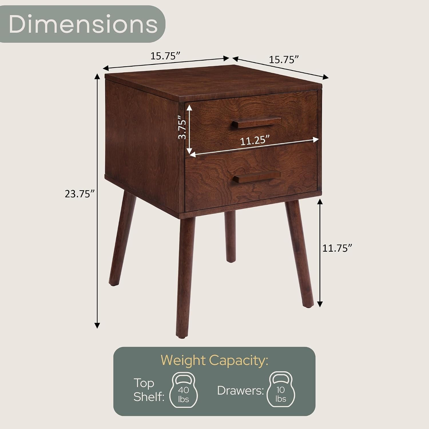 Convenience Concepts Oslo 2 Drawer End Table 15.75" - Mid-Century Modern Side Accent with Storage Drawers for Living or Family Room, Bedroom Nightstand, Espresso/Espresso