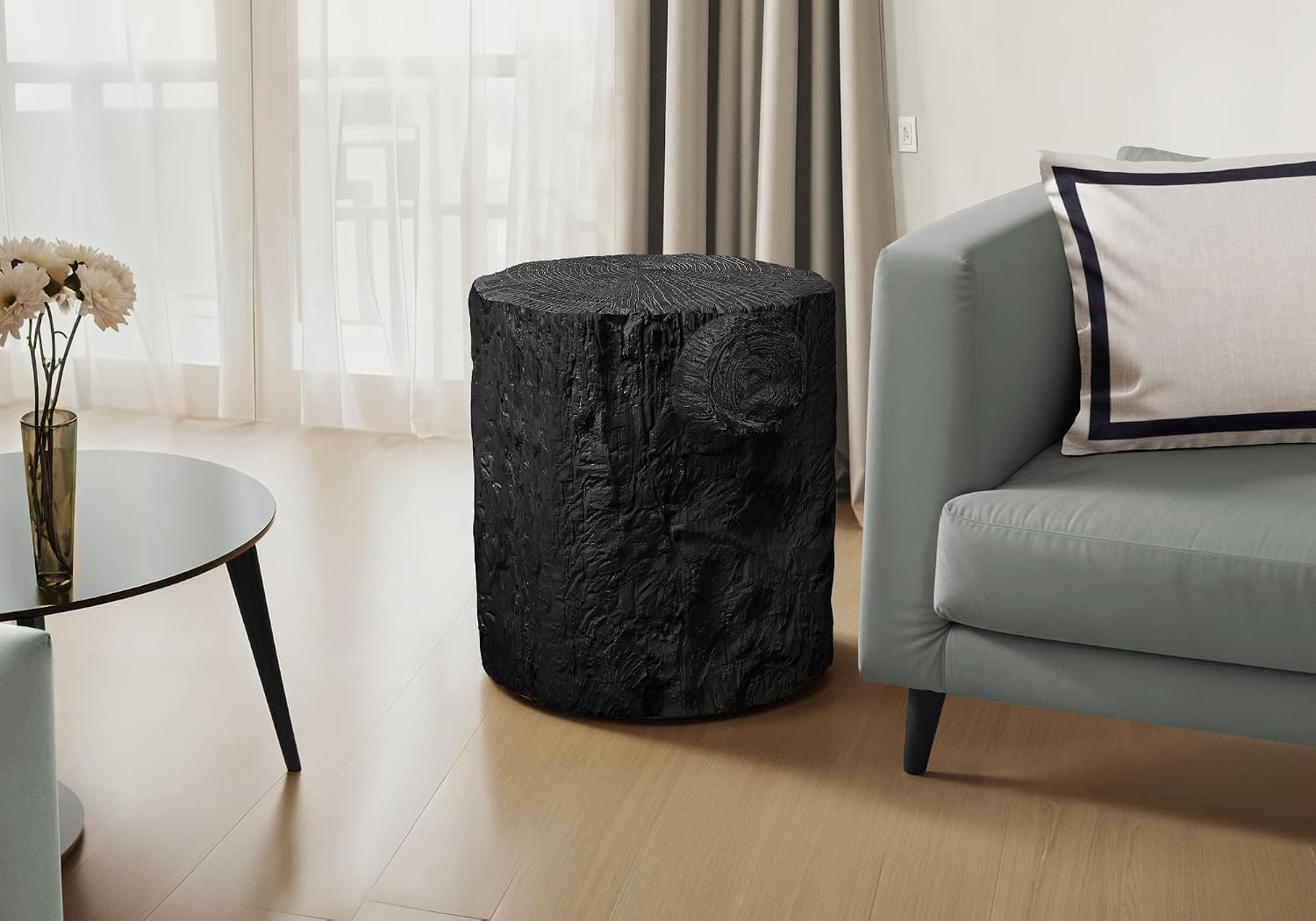 22" Weather Resistant Versatile Accent Table, Side Table with Tree Stump Design, Modern End Tables with No Assembly for Indoor and Outdoor Use, Black
