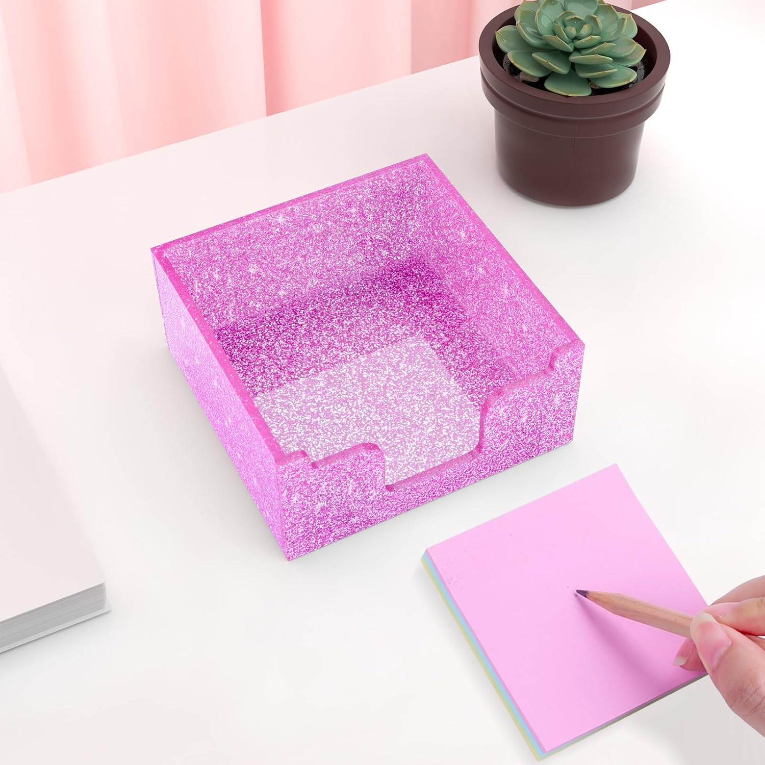 Rouidr Acrylic Sticky Note Holder, Self Stick Note Pad Holder, 3.94 x 3.94 Inch Glitter Memo Pad Dispenser Organizer for School Office Home Desk Supplies, Pink