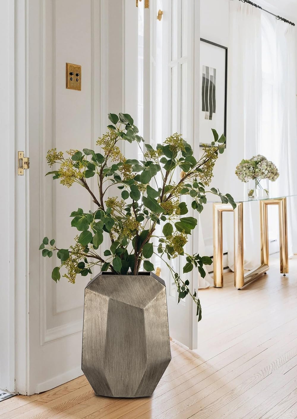 16" Tall Geometric Vases, Home Décor Silver Modern Rectangular Vases with Angular Front and Back, Contemporary Industrial Metal Vases for Office Home Resto Café Decoration