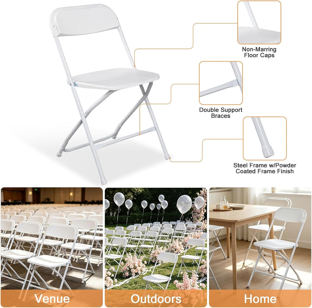 OLLODOT 10 Pack White Folding Chairs with 350-LBS Capacity, Plastic Foldable & Portable Indoor Outdoor Chairs, Portable Commercial Seat with Steel Frame for Office, Party, Events, Wedding & Dinning
