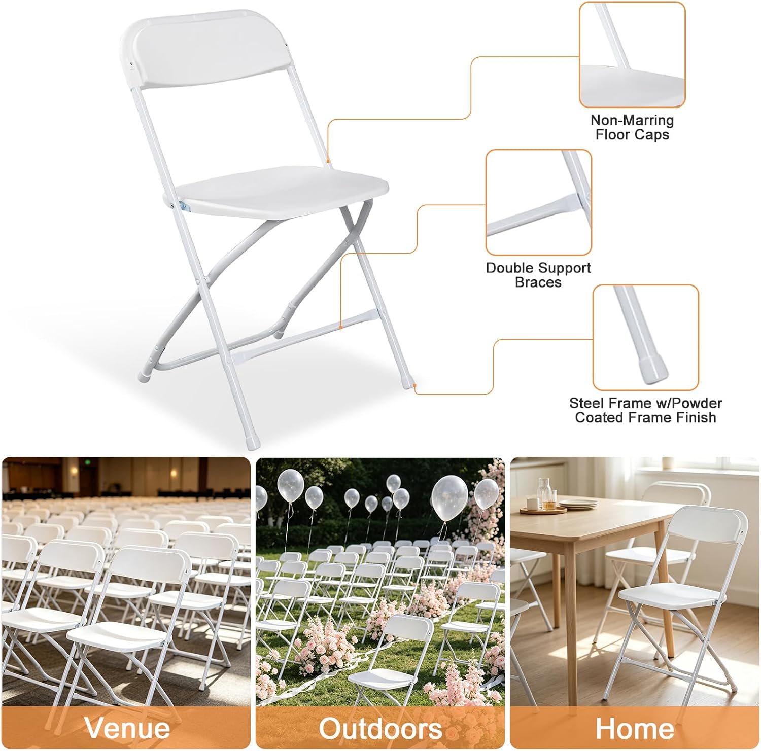 OLLODOT 10 Pack White Folding Chairs with 350-LBS Capacity, Plastic Foldable & Portable Indoor Outdoor Chairs, Portable Commercial Seat with Steel Frame for Office, Party, Events, Wedding & Dinning