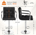 Yaheetech Bar Stools Set of 2, PU Leather Height Adjustable Swivel Barstools, Hydraulic Kitchen Counter Height Bar Chairs with Armrest and Back for Kitchen, Dining Room, Black