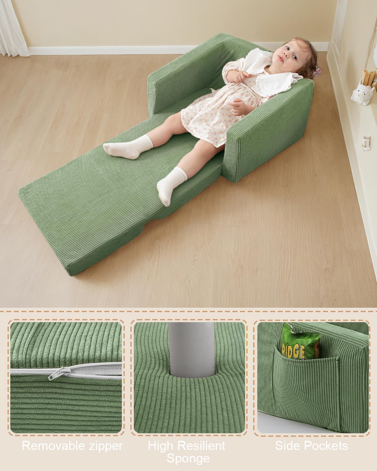 Kids Chair and Couch, 2-in-1 Fold-Out Kids Sofa, Soft Convertible Seating, Comfy Kids Chair for Boys and Girls,Green