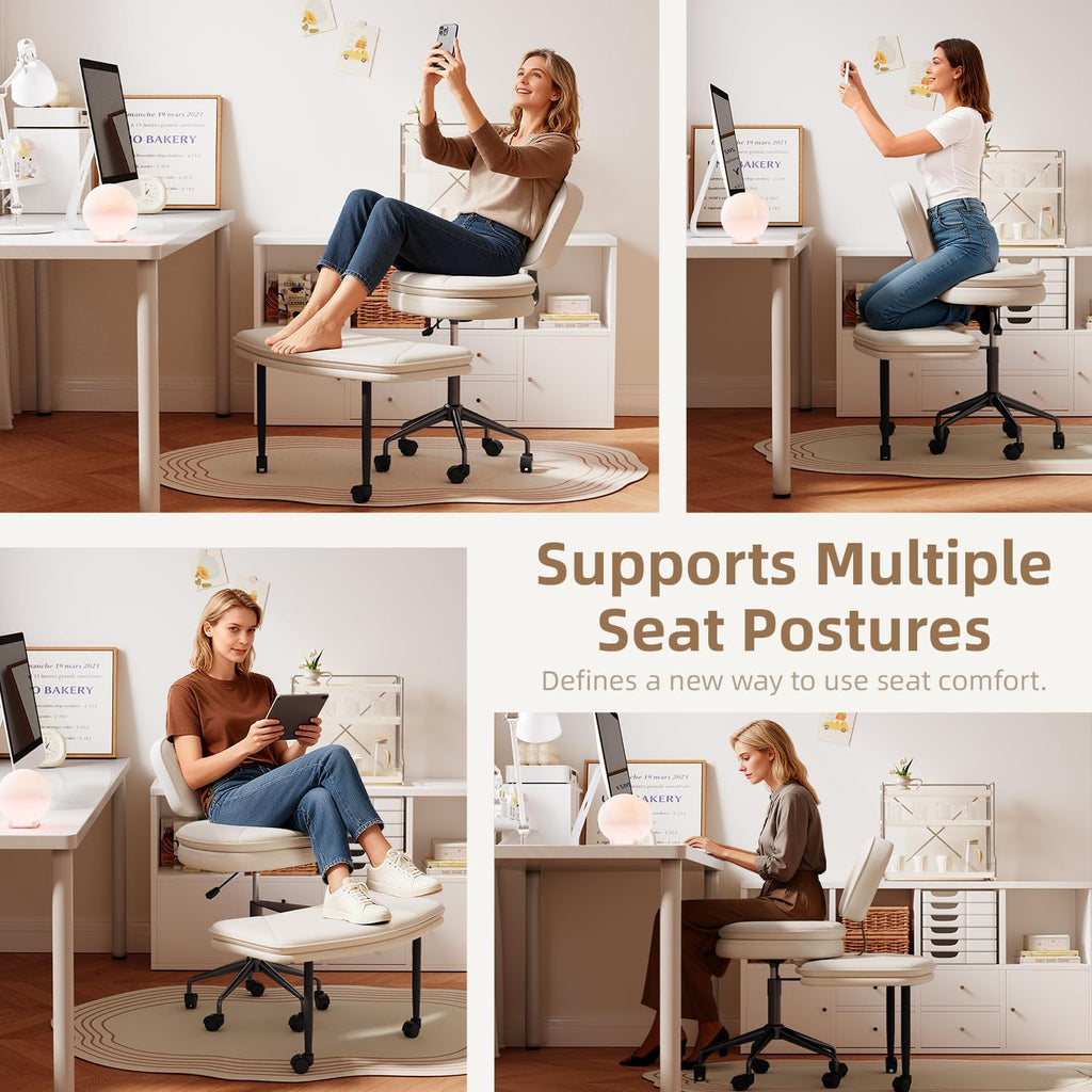 Ergonomic Cross Legged Chair, 360°Swivel Criss Cross Chair with Wheels, Double-Layer Upholstered Desk Chair, 31.3" Large Office Chair for Meditation and ADHD. White