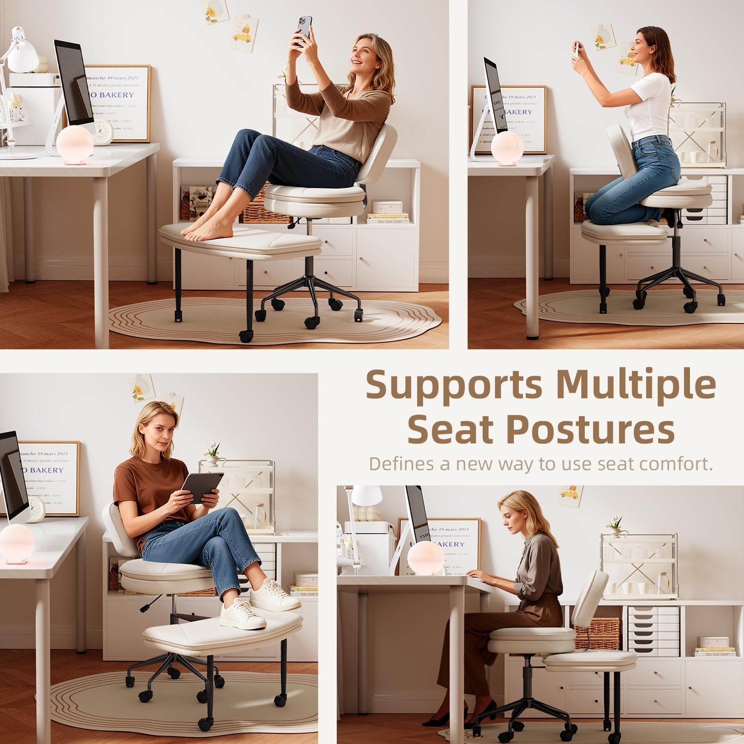 Ergonomic Cross Legged Chair, 360°Swivel Criss Cross Chair with Wheels, Double-Layer Upholstered Desk Chair, 31.3" Large Office Chair for Meditation and ADHD. White