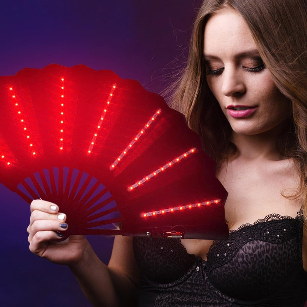 Folding Hand Fan - LED Large Light Up Festival Fãn Battery Included | Řave Faņ with Liģht Portable Følding - Performance Show Party Fån for Stage Carnival Club Belly Dance, Night Event Prop