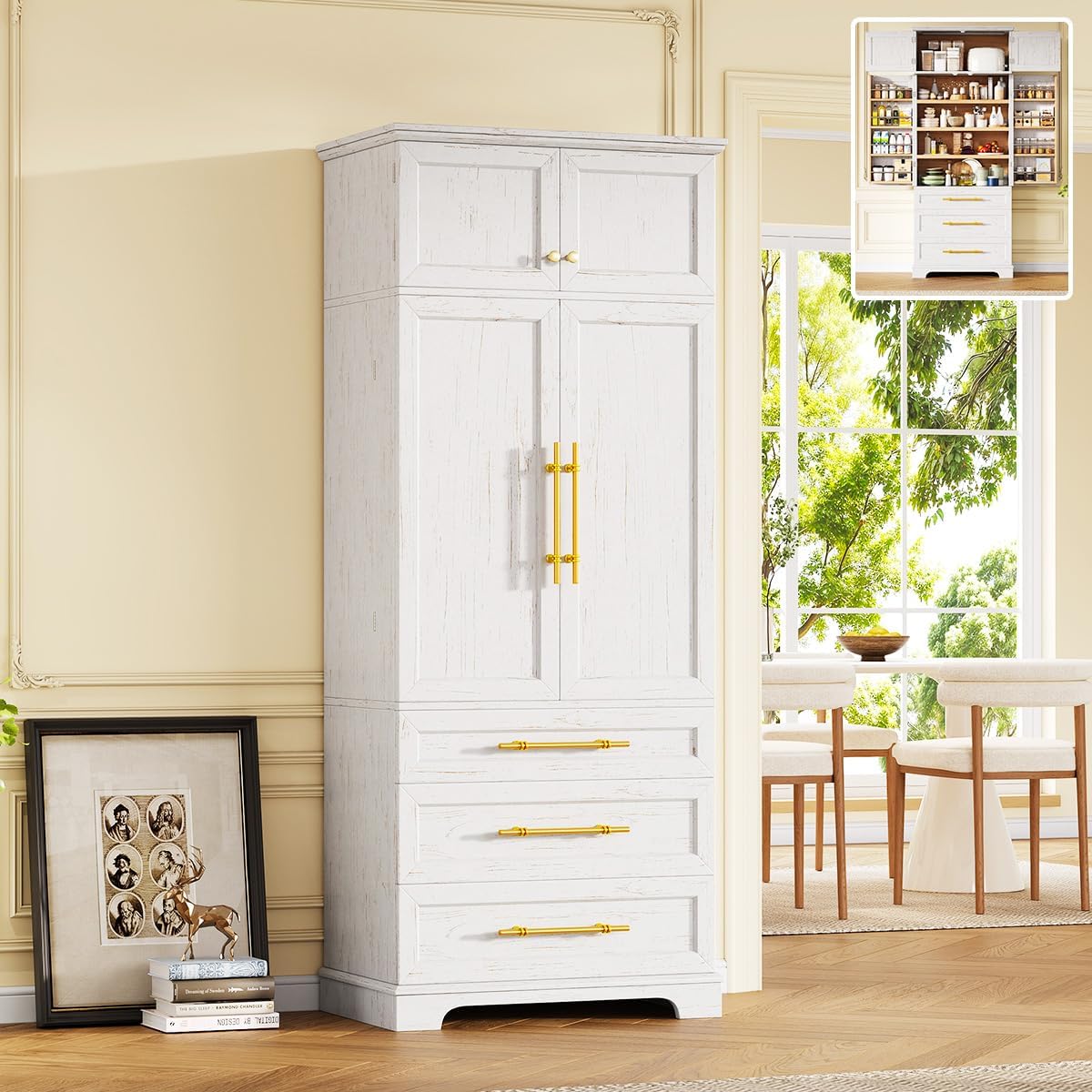 78.2" Tall Kitchen Pantry Cabinet with 8 Door Shelves and 3 Adjustable Shelves for Dining Room, Freestanding Storage Cabinet with 3 Large Drawers, Versatile Cupboard for Bathroom (White)