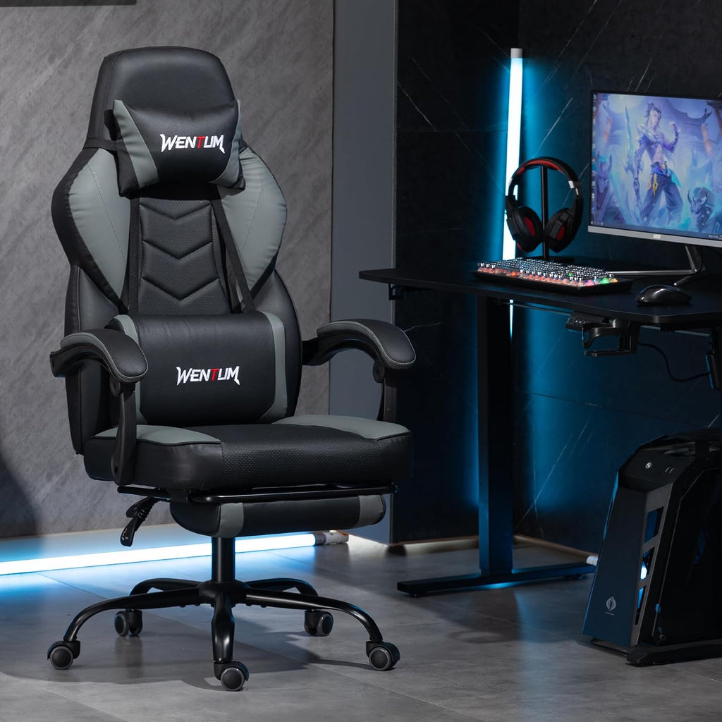 Big and Tall Gaming Chair 350lb, Ergonomic Computer Chair with 2-Point Lumbar Vibration Massage, Breathable PU Backrest, Footrest, Multiple Colors for Adults Kids Gaming Office（Grey）