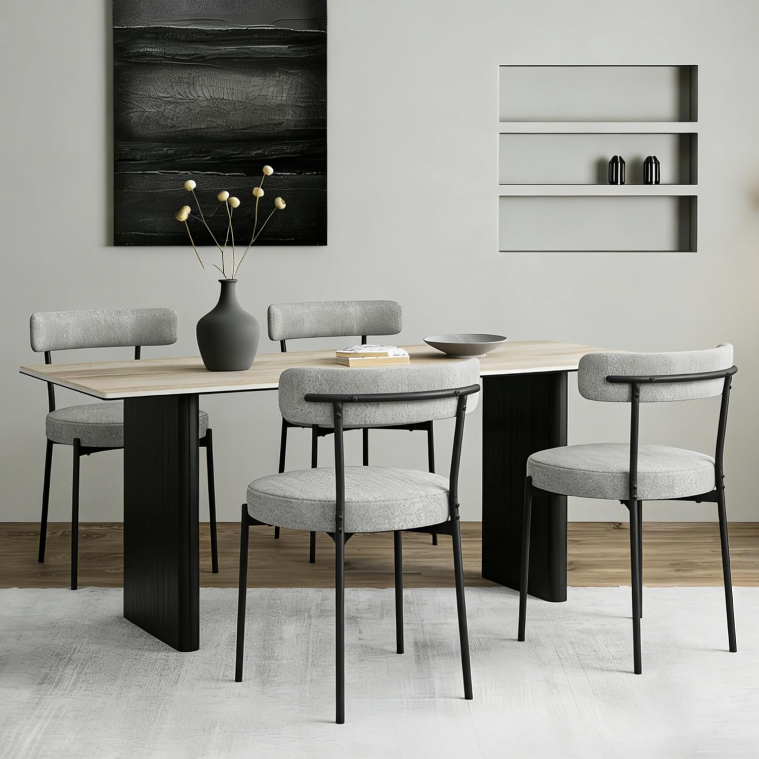 Boucle Dining Chairs Set of 4, Round Kitchen Chairs with Curved Backrest and Metal Legs, Upholstered Modern Style, Suitable for Living Room