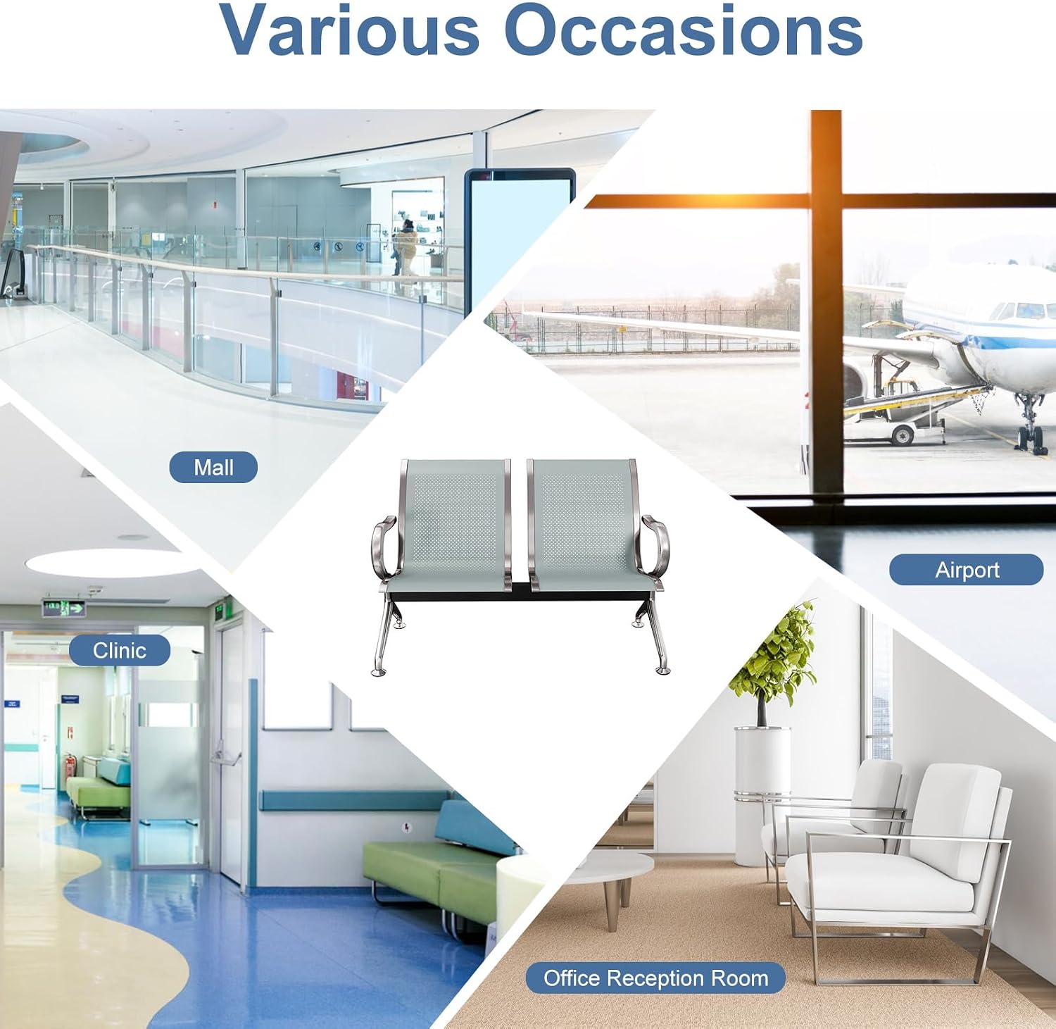 kinbor 2-Seat Waiting Room Chairs with Arms - Set of 3 Modern Reception Bench for Airport, Hospital, Office Lobby - Breathable Mesh & Durable Steel Waiting Area Furniture (Gray)