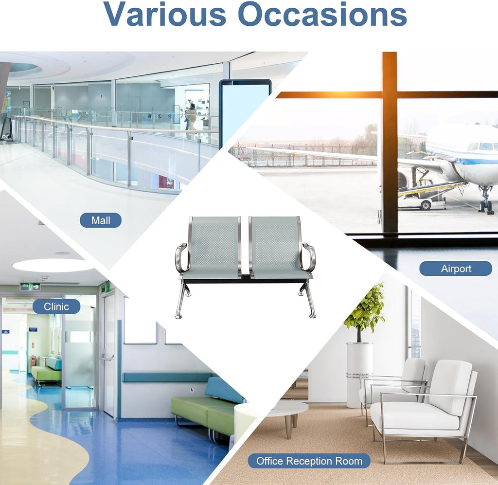 kinbor Waiting Room Chairs - Durable Reception Bench with Armrests, 2-Seat Office Reception Guest Chairs for Office, Hospital, Airport, Bank & Lobby (Gray, Set of 2)