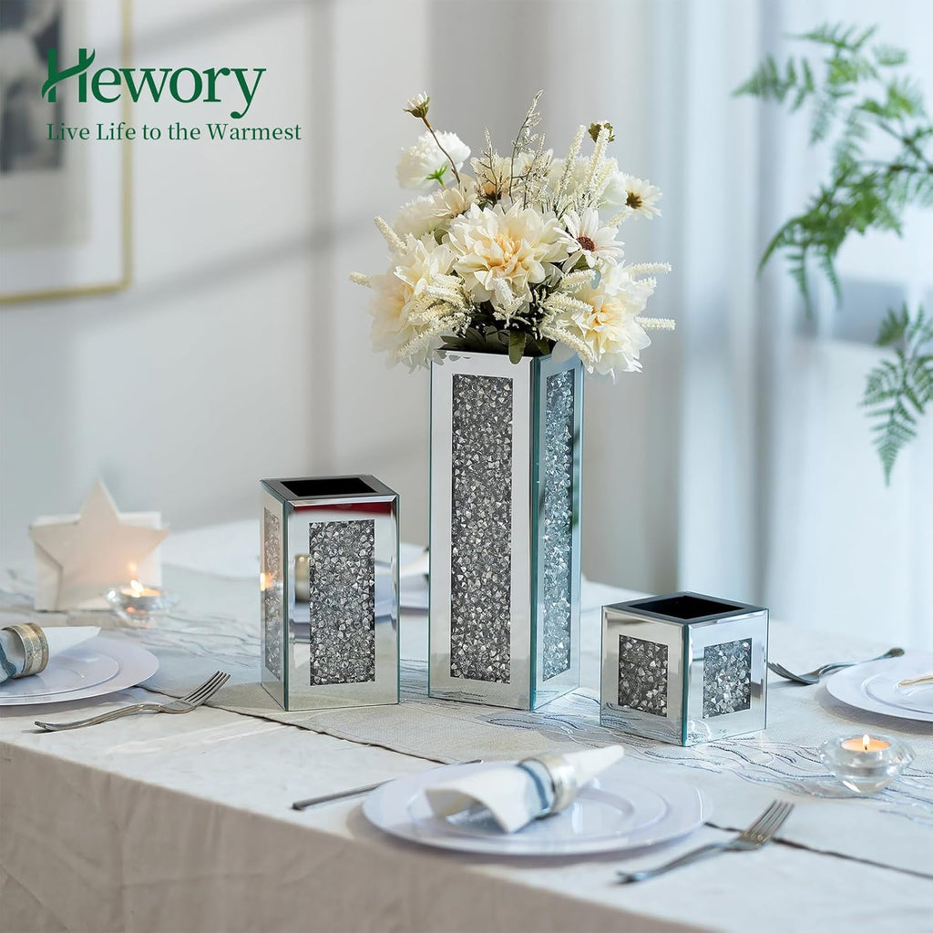 Silver Rectangle Glass Vases for Decor: Hewory Tall Crushed Diamond Mirror Vase for Centerpieces - Large Decorative Mirrored Containers for Dried Flowers, Bling Big Crystal Vases for Home Decoration