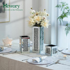 Silver Rectangle Glass Vases for Decor: Hewory Tall Crushed Diamond Mirror Vase for Centerpieces - Large Decorative Mirrored Containers for Dried Flowers, Bling Big Crystal Vases for Home Decoration