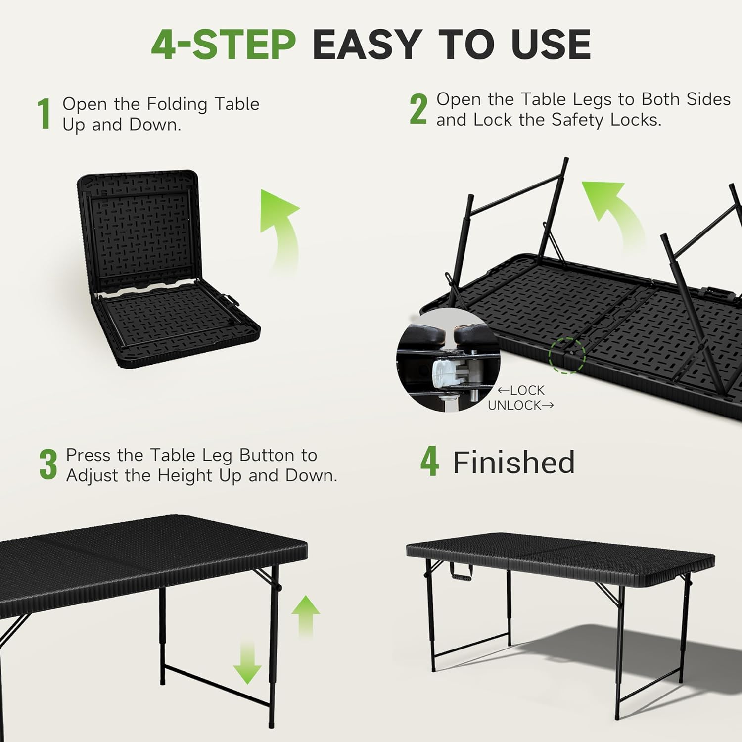 Folding Table 4 Foot, 3-Position Adjustable Height, Heavy Duty 440LBS Capacity, HDPE Wicker Pattern, Portable Tables Folding for Camping, Party, Indoor & Outdoor Use, 1 Pack.