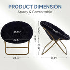 DUMOS Saucer Chair, Cozy Faux Fur Folding Chair with Sturdy Metal Frame, Oversized Soft Plush Round Lounge for Bedroom Living Room Dorm, Anti-Slip Portable Moon Seat, Black