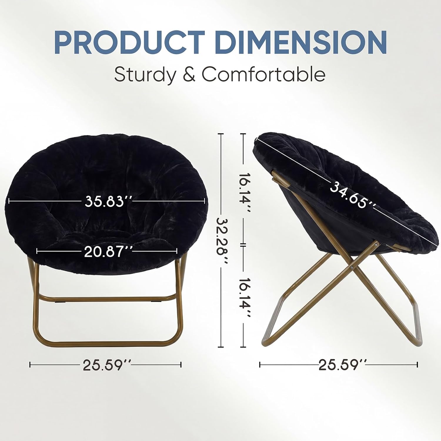 DUMOS Saucer Chair, Cozy Faux Fur Folding Chair with Sturdy Metal Frame, Oversized Soft Plush Round Lounge for Bedroom Living Room Dorm, Anti-Slip Portable Moon Seat, Black