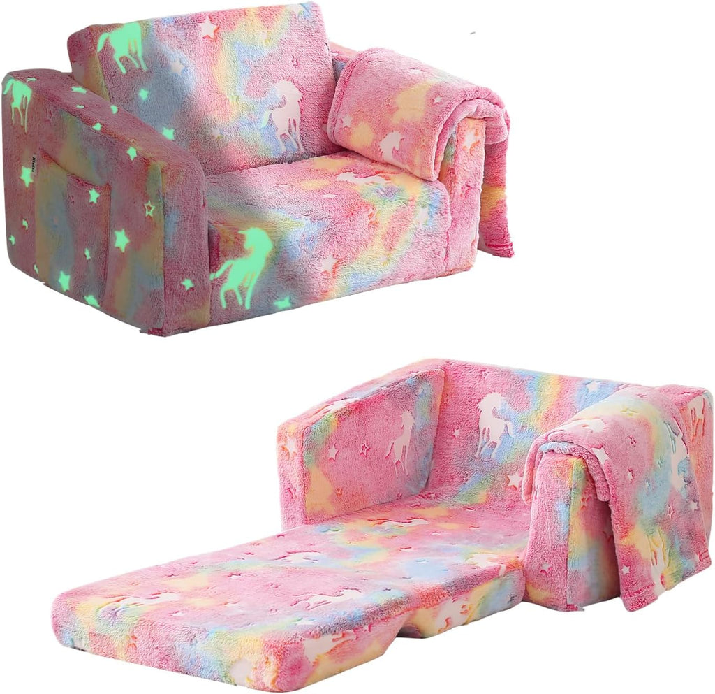Toddler Couch Fold Out, Foldable Toddler Chair with Blanket, Flip Out Kids Couch,Glow in The Dark Convertible Sofa Gift for Girls & Boys (Glow Pink)