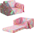Toddler Couch Fold Out, Foldable Toddler Chair with Blanket, Flip Out Kids Couch,Glow in The Dark Convertible Sofa Gift for Girls & Boys (Glow Pink)