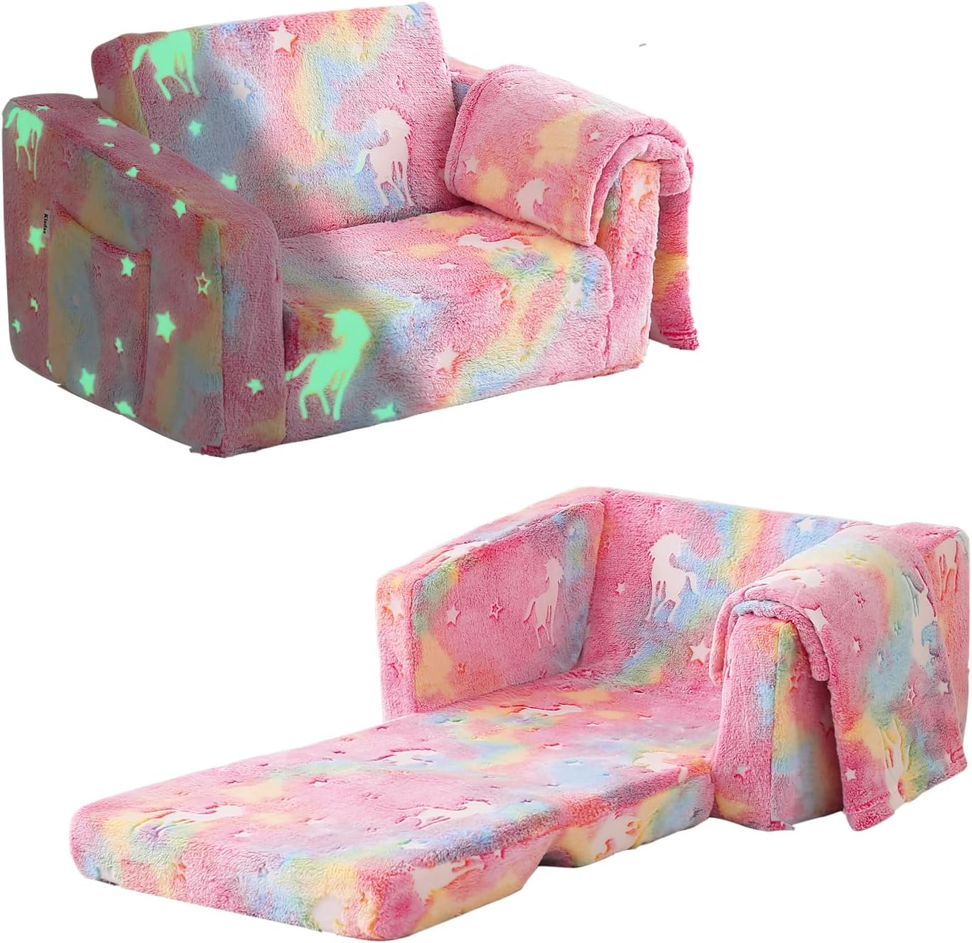 Toddler Couch Fold Out, Foldable Toddler Chair with Blanket, Flip Out Kids Couch,Glow in The Dark Convertible Sofa Gift for Girls & Boys (Glow Pink)
