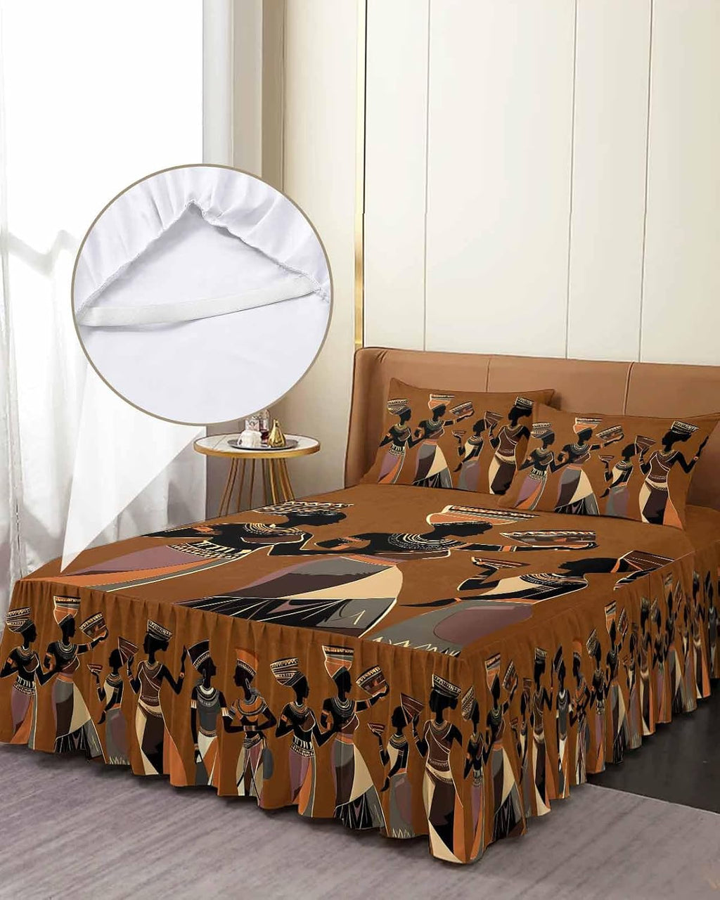 African Black Woman Ethnic Clothing Queen Size Ruffle Bed Skirt,Luxury Bedskirt Retro Back Bed Sheet Set with 2 Pillow Shams for Bedroom Decor,18" Tailored Drop Ruffle