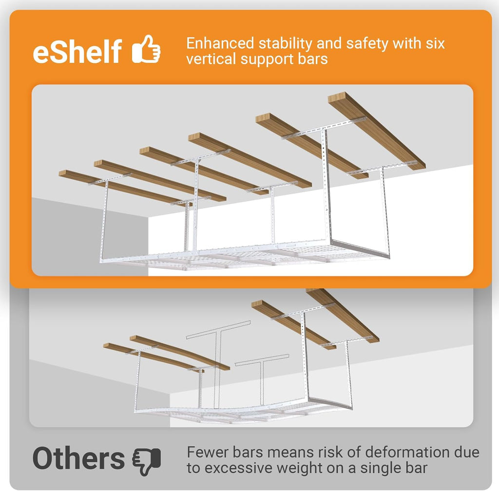 4ftx8ft Overhead Garage Storage Rack, Heavy-Duty Metal Garage Ceiling Storage Rack, 22''-40" Adjustable Ceiling Drop-Down, 750 lb. Loading Weight Capacity, White