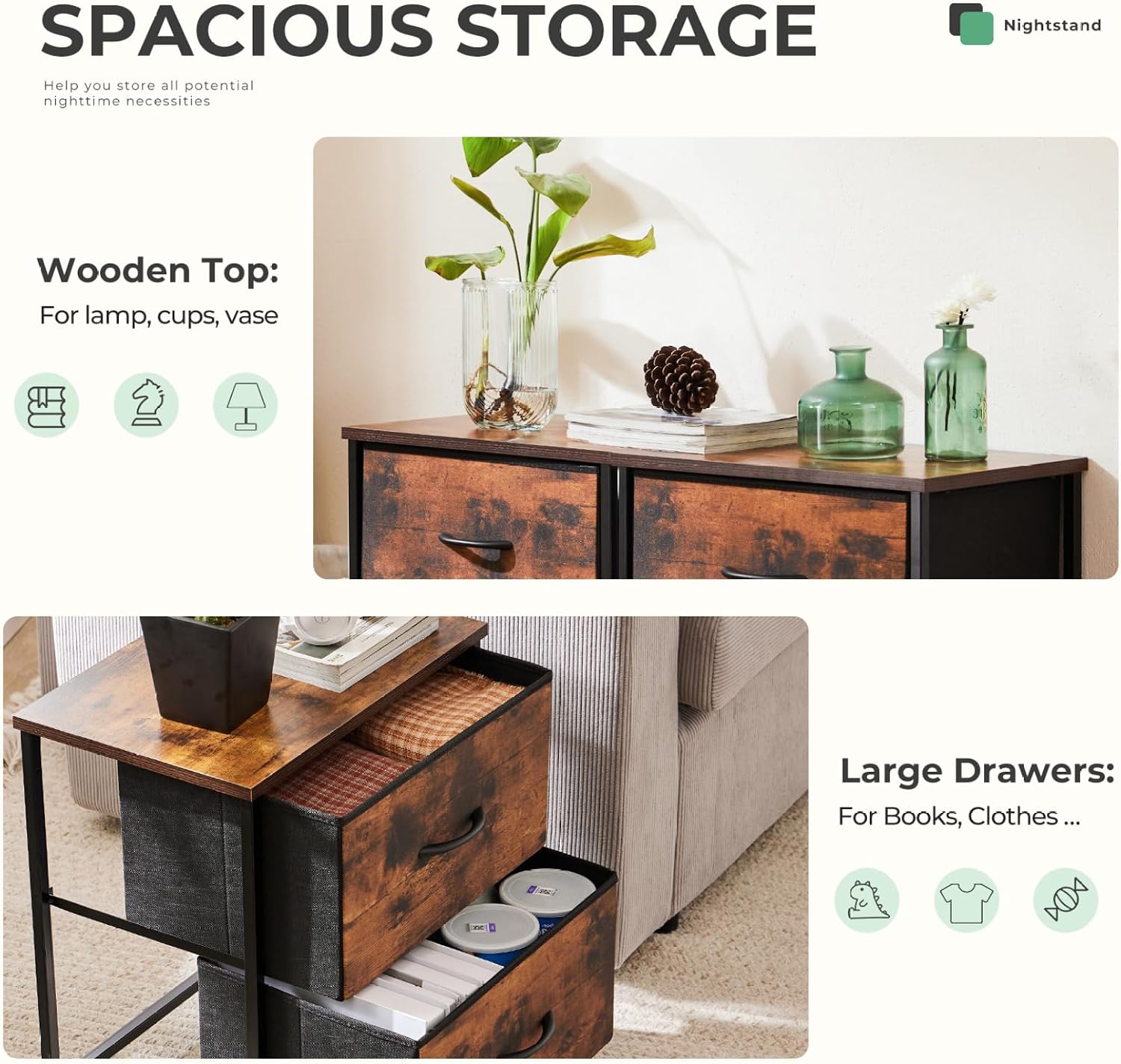 Fabric Dresser 2 Drawers, Nightstands with Adjustable Feet, End Table Set of 2