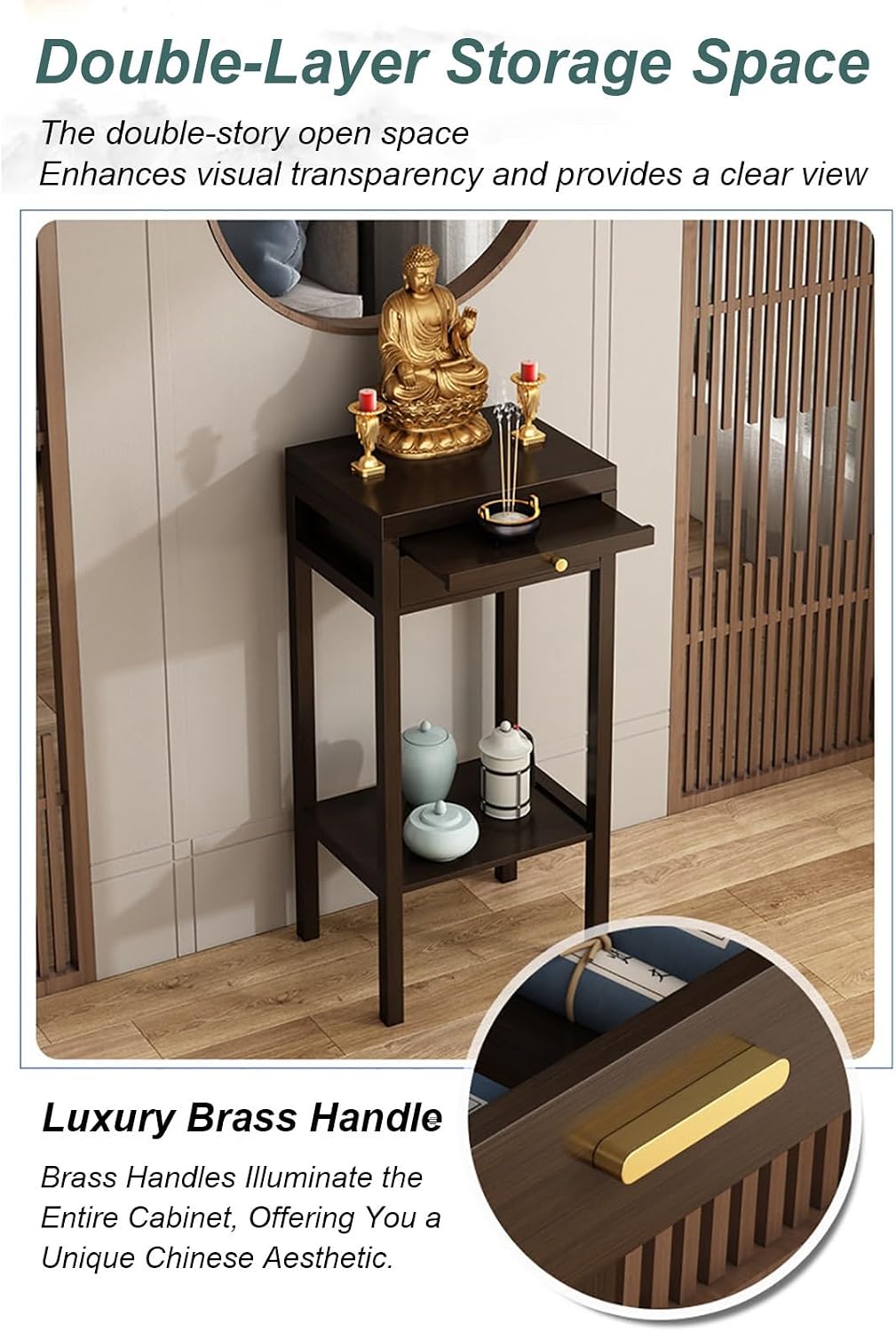 Meditation Buddhist Altar Table, Entry Console Table with Storage, Bamboo Pooja Mandir, Chinese Altar Pooja Table for Incense and Pray(30x30x101cm/12x12x40in)