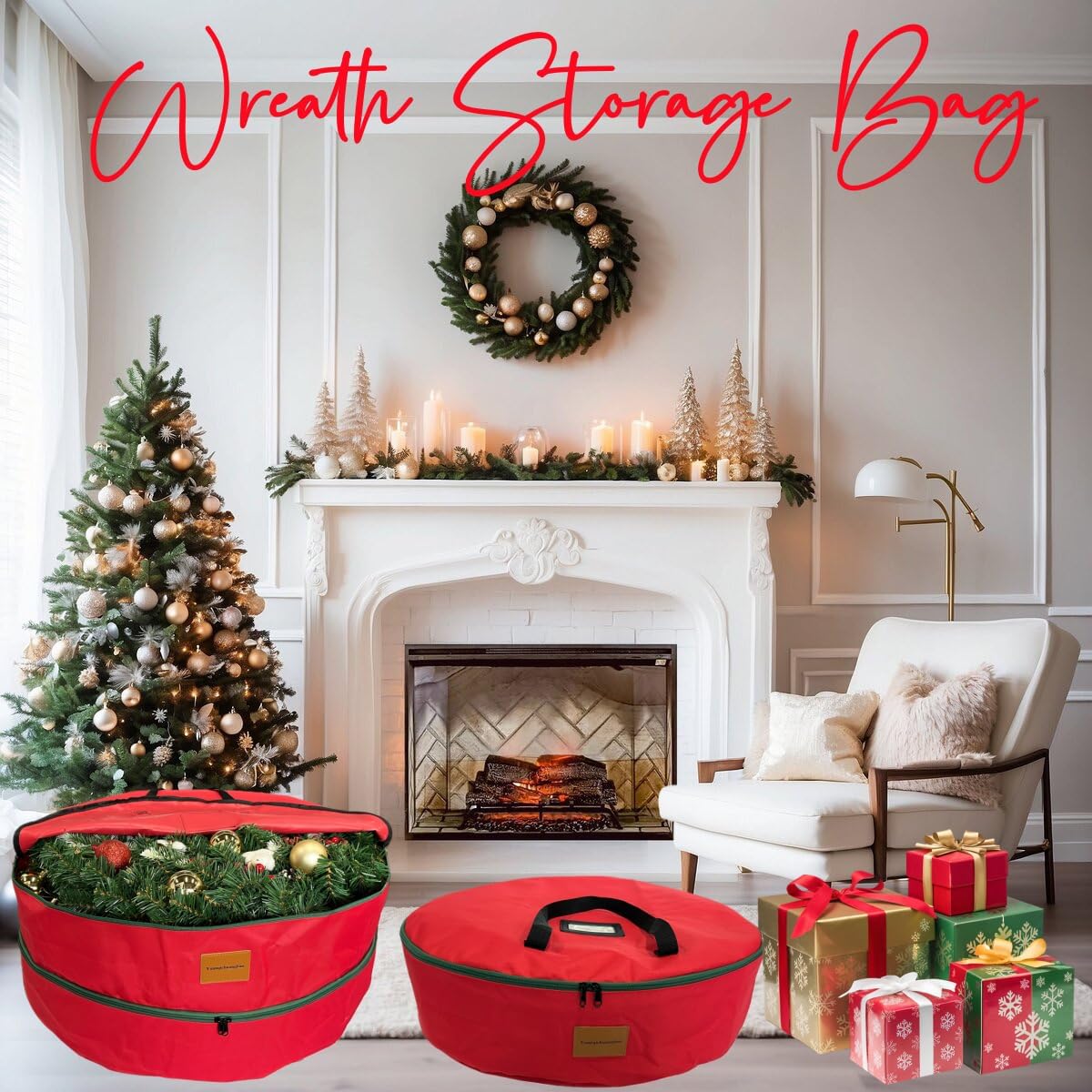 30x12 inchs Wreath Storage Container,Red Double storage bag,Heavy Duty 600D Oxford Cloth,Garland Wreaths Container For Xmas Holiday Wreaths Storage Holder