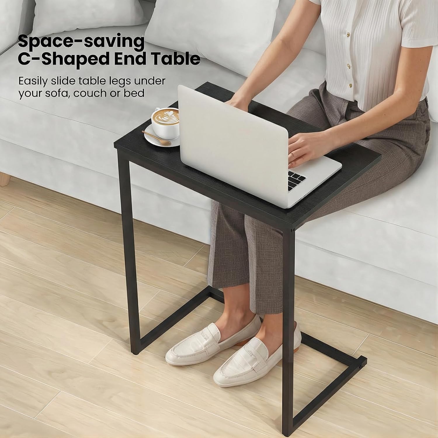 Giantex C Shaped End Table, 26.5" Slide-Under Couch Table for Laptop Coffee Snack, Industrial Side Table with Metal Frame & Wood Top, Versatile Sofa Table for Living Room, Bedroom, Black