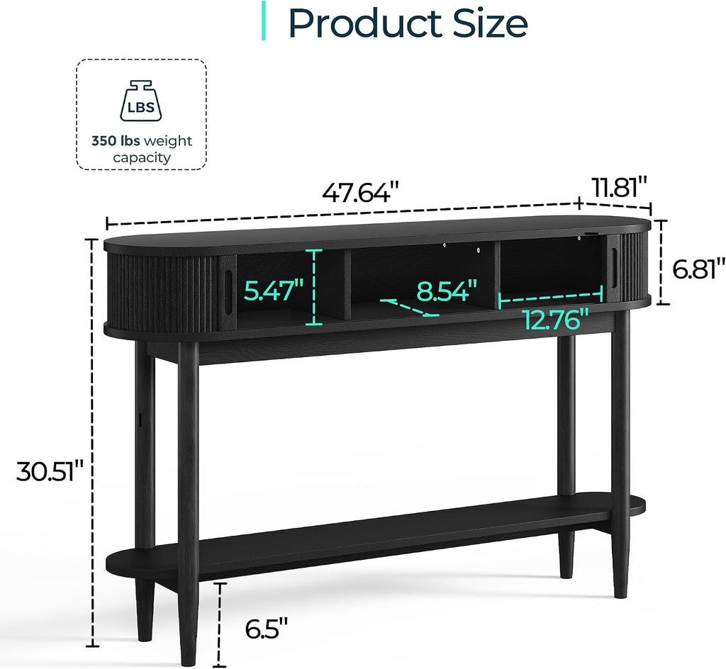 LINSY Fluted Console Table with Storage and Shelves, Black | Entryway Table, Wood Entrance, Behind Couch Sofa Table, Foyer Tables for Hallways, Living Room Boho Furniture, Narrow Long