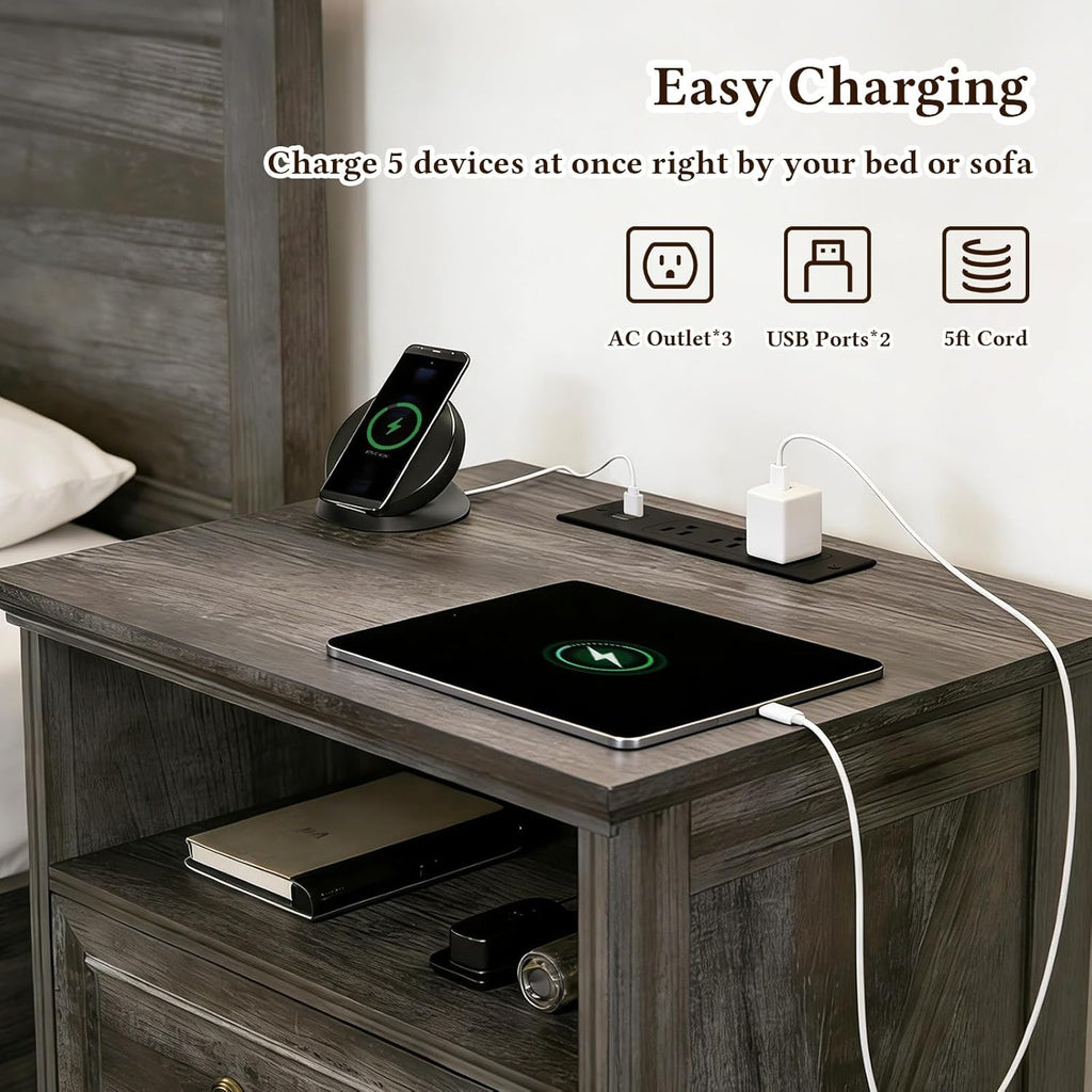 Farmhouse End Table Set of 2, Rustic Wood Nightstand with Charging Station, 2 Large Drawers & Open Storage, Bedside Table with USB-C Ports for Living Room Bedroom (Gray Oak)