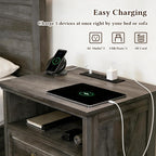 Farmhouse End Table Set of 2, Rustic Wood Nightstand with Charging Station, 2 Large Drawers & Open Storage, Bedside Table with USB-C Ports for Living Room Bedroom (Gray Oak)