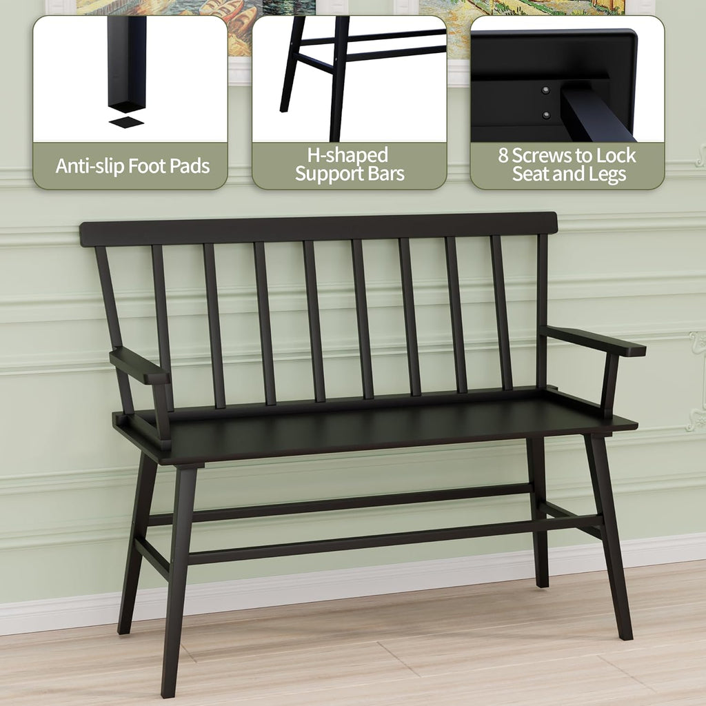 Wisuce Bamboo Dining Bench, Entryway Bench with Spindle Back (Black) | Bamboo & H-Shaped Support, Ergonomic Tilted Spindle Back, Multi-Scene Use, Easy Assembly & Maintenance