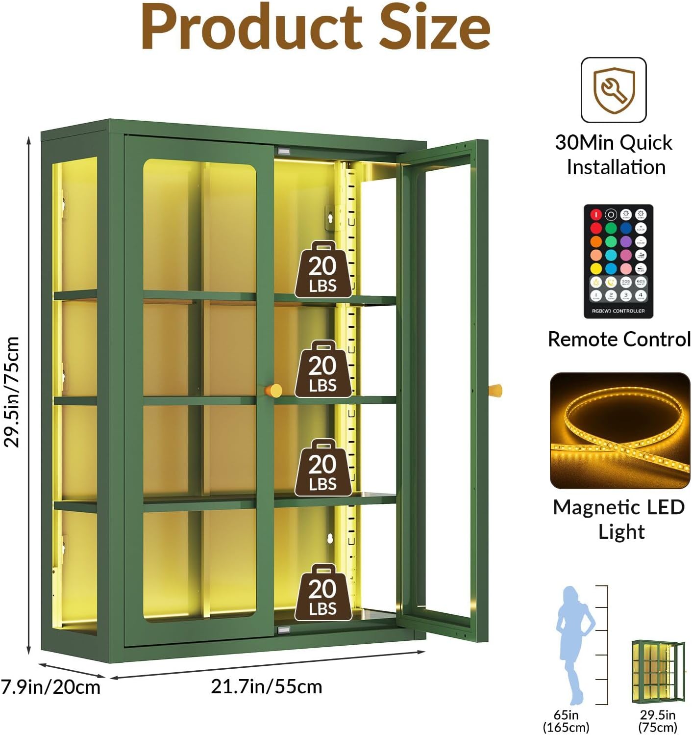 Waterproof Bathroom Metal Wall Cabinet with Light, Glass Doors & Adjustable Shelves – Green Over-Toilet Medicine Storage, Small Display Case for Collectibles