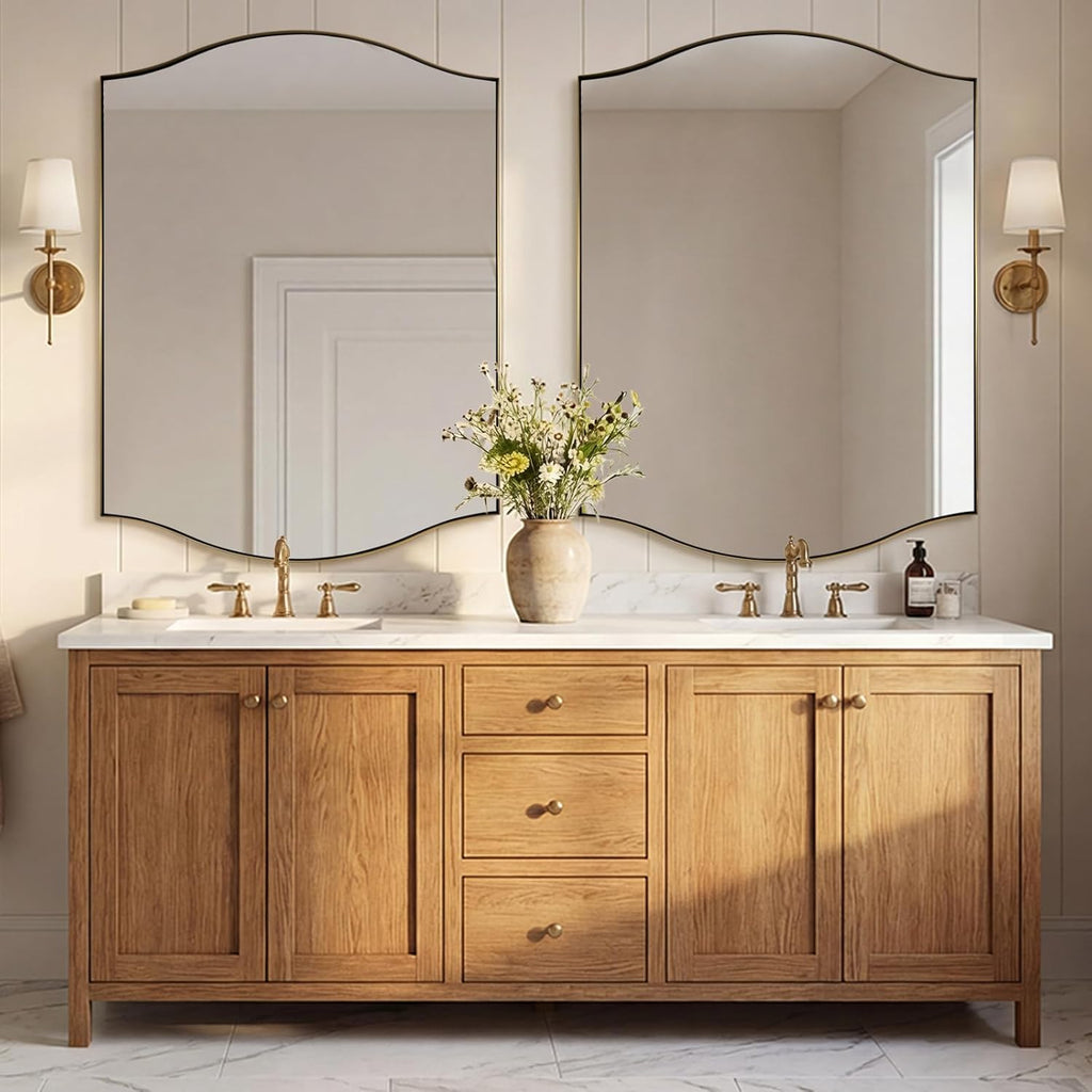 ANDY STAR Rectangle Scalloped Mirror, 36"x48" Brushed Gold Bathroom Mirror in SUS304 Stainless Steel Metal Frame, Brass Vanity Mirror with Unique Arched Top Design