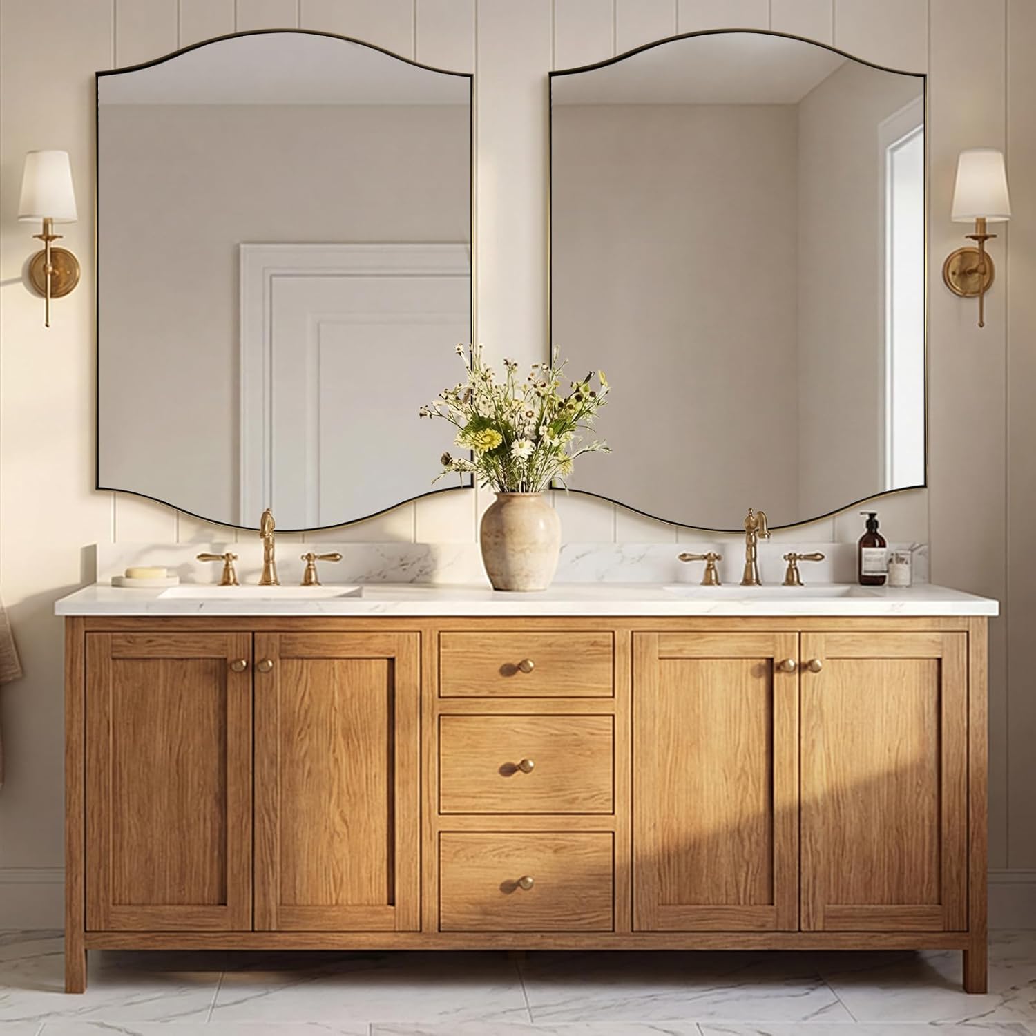 ANDY STAR Rectangle Scalloped Mirror, 36"x48" Brushed Gold Bathroom Mirror in SUS304 Stainless Steel Metal Frame, Brass Vanity Mirror with Unique Arched Top Design