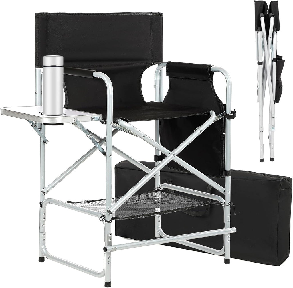 Tall Makeup Chair 41'', Director Chair 600 lbs Foldable Portable, Makeup Chair for Makeup Artist with Table, Cup Holder, Storage Bag & Footrest