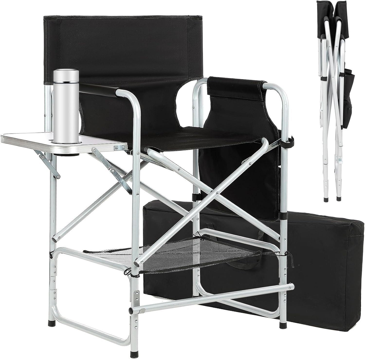 Tall Makeup Chair 41'', Director Chair 600 lbs Foldable Portable, Makeup Chair for Makeup Artist with Table, Cup Holder, Storage Bag & Footrest