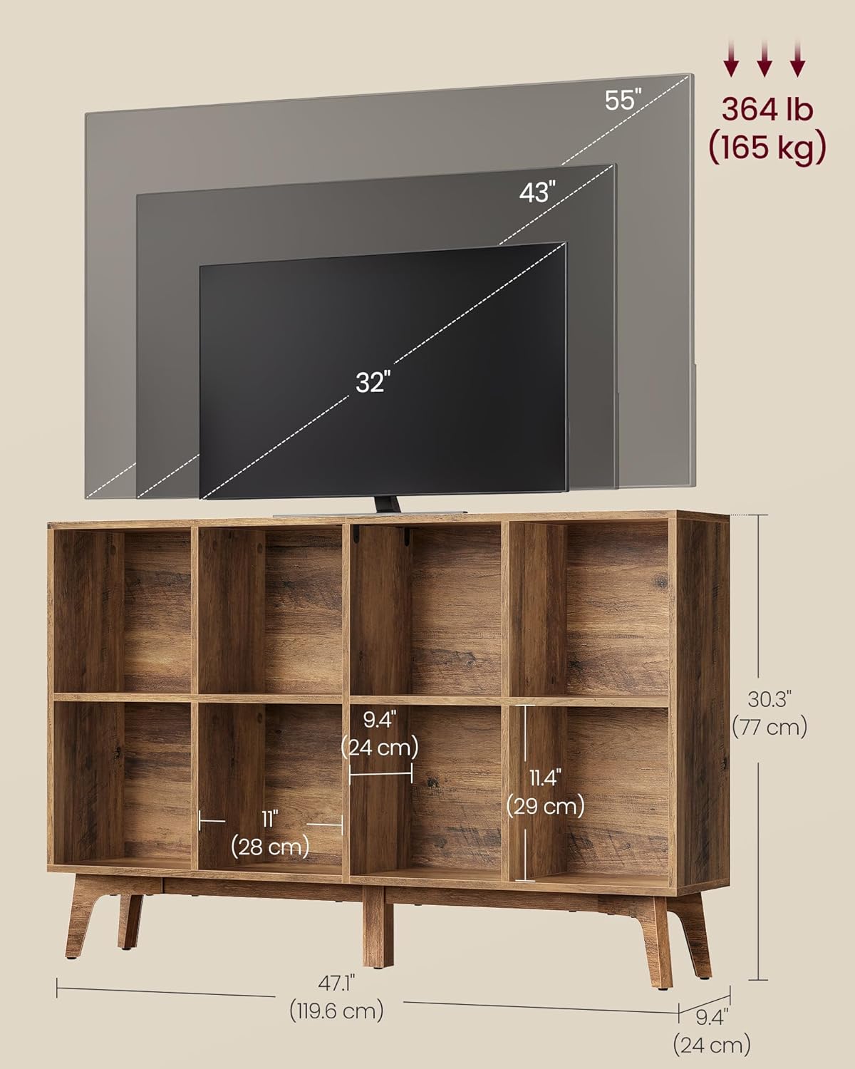 VASAGLE MAEZO Collection - Bookshelf, Bookcase, Cube Shelf with 8 Compartments, Storage Shelf, for Living Room, Home Office, Dining Room, 9.4 x 47.1 x 30.3 Inches, Honey Brown ULBC193KB01S