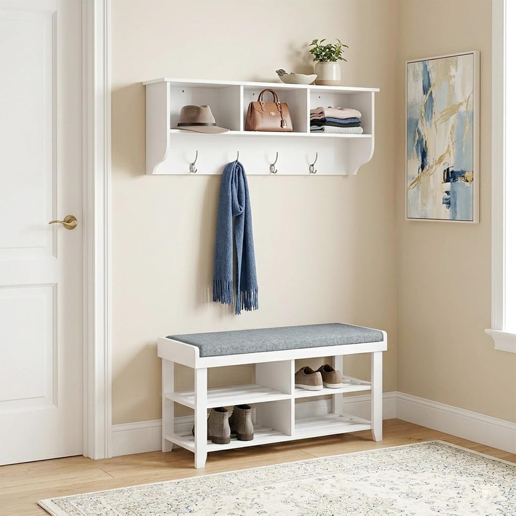 38.6" Contemporary Wall Mounted Coat Rack with Shelf, Entryway Hanging Coat Rack with 3 Shelves, Wall Shelf with 4 Dual Hooks for Hallway, Living Room, Bedroom (White)