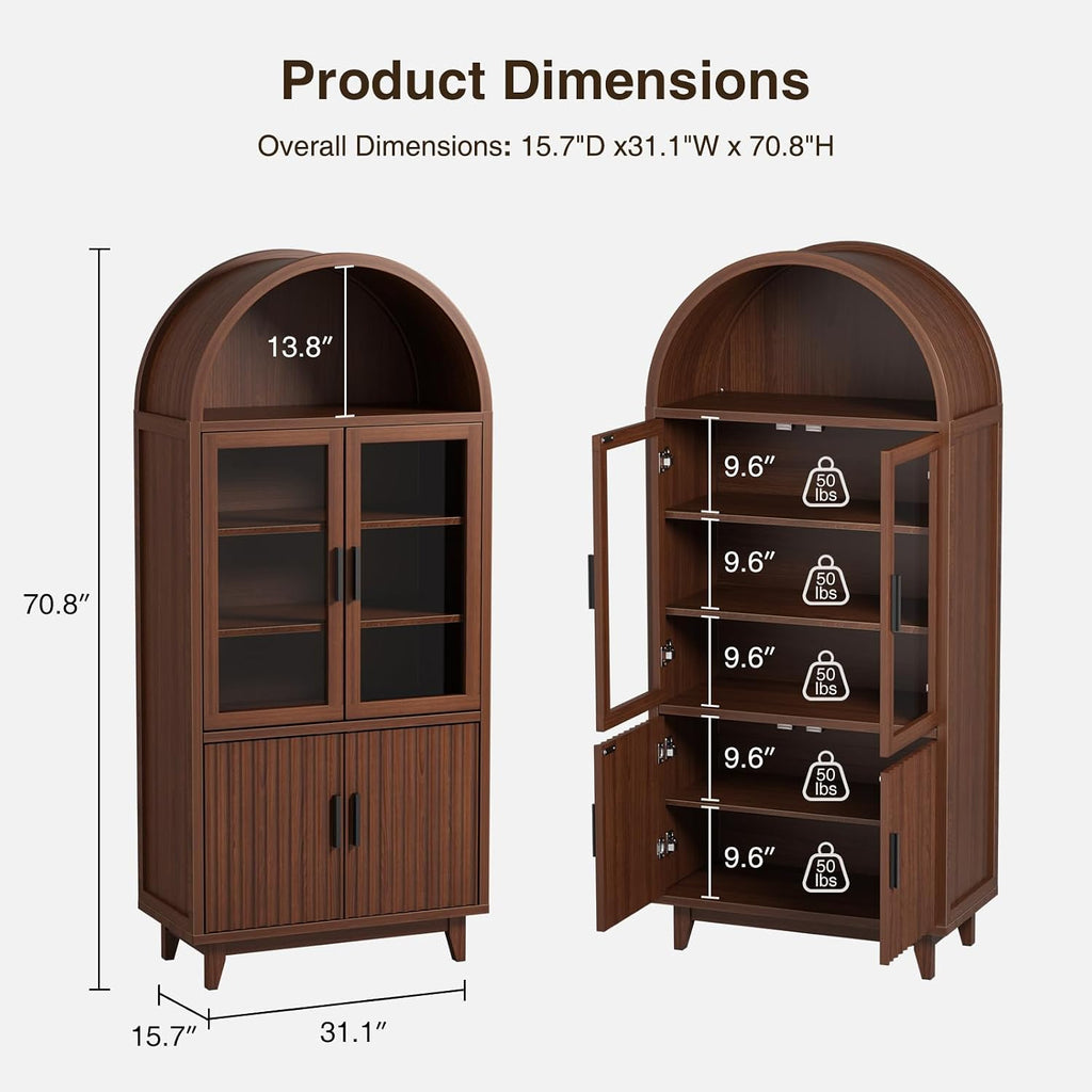 FiveWillowise Kitchen Pantry Cabinet with Glass Doors - Arched Design, Solid Wood Legs, Artistic Fluted Door, Adjustable Shelves, 70.8" Curved Storage Cabinet for Kitchen, Dining Room