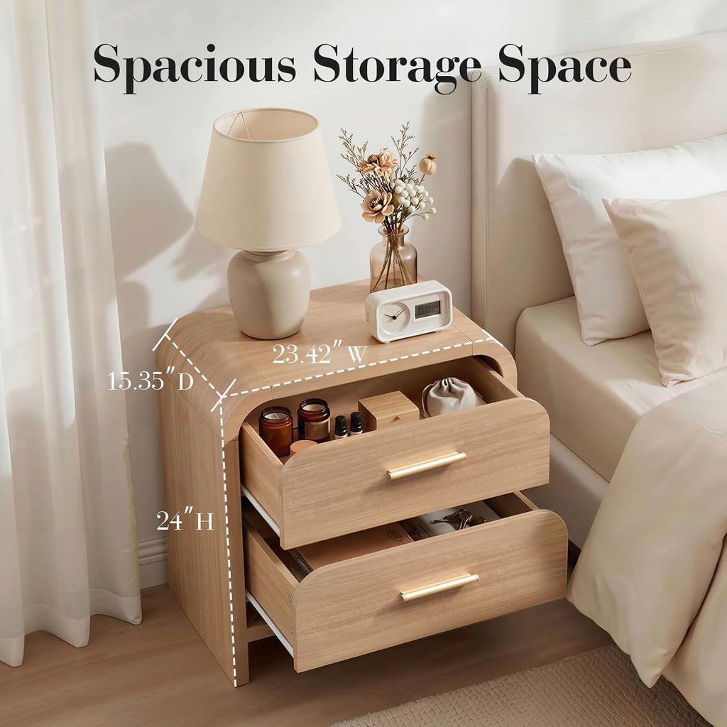 Night Stand Set of 2 [Unique Curved Profile] [FSC-Certified Wooden Board] 2-Drawer Nightstand 24" H Metal Handle Modern Sturdy Bedside Table Side Table End Table