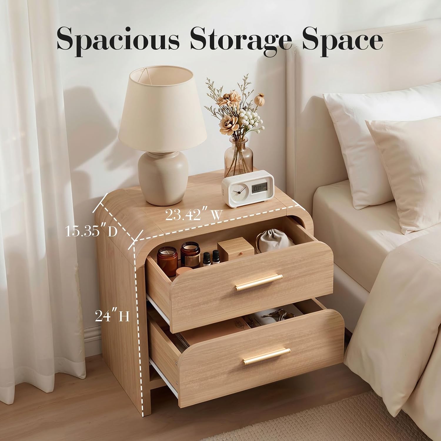 Night Stand Set of 2 [Unique Curved Profile] [FSC-Certified Wooden Board] 2-Drawer Nightstand 24" H Metal Handle Modern Sturdy Bedside Table Side Table End Table